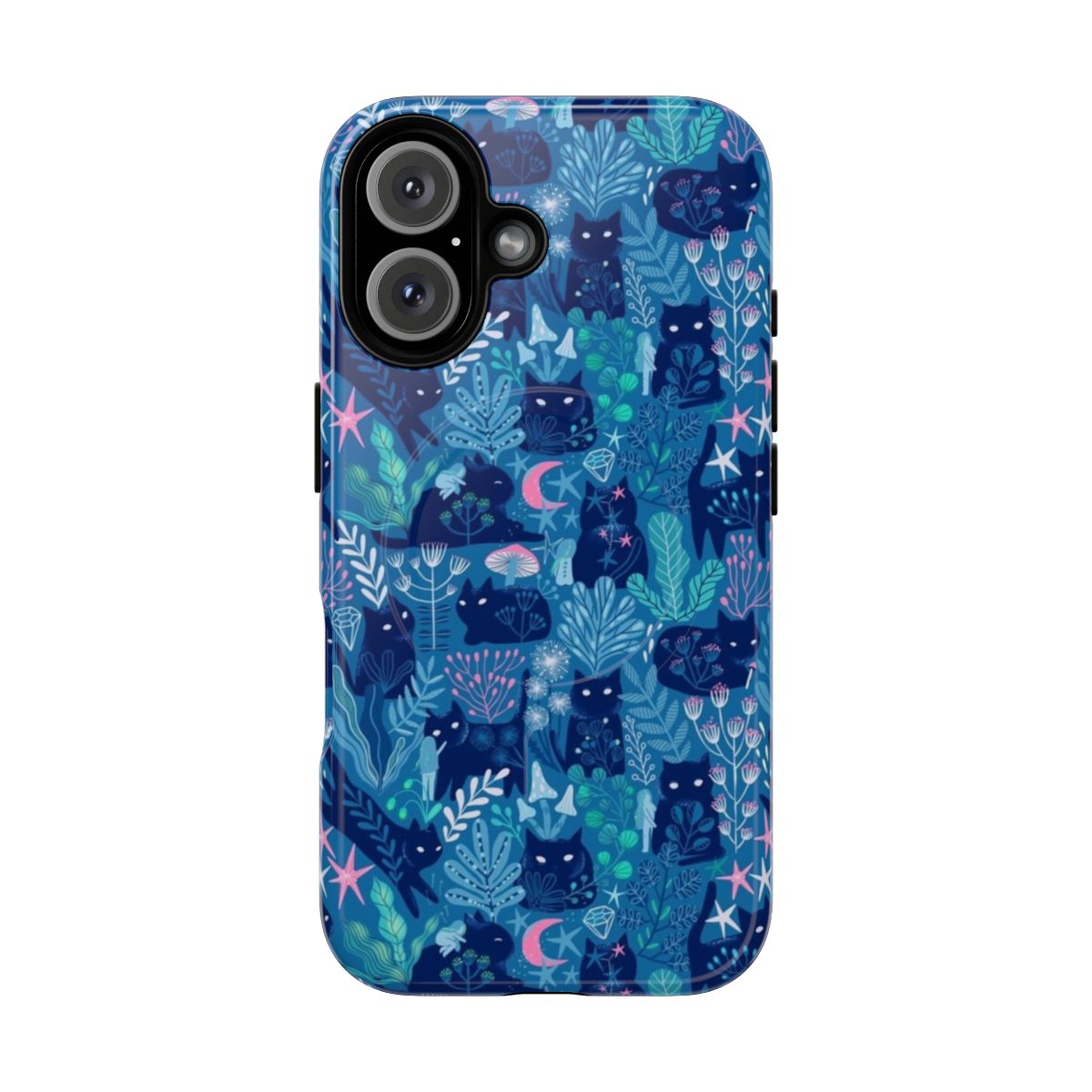 A whimsical phone case featuring a cat with fairy friends in a magical forest at night.