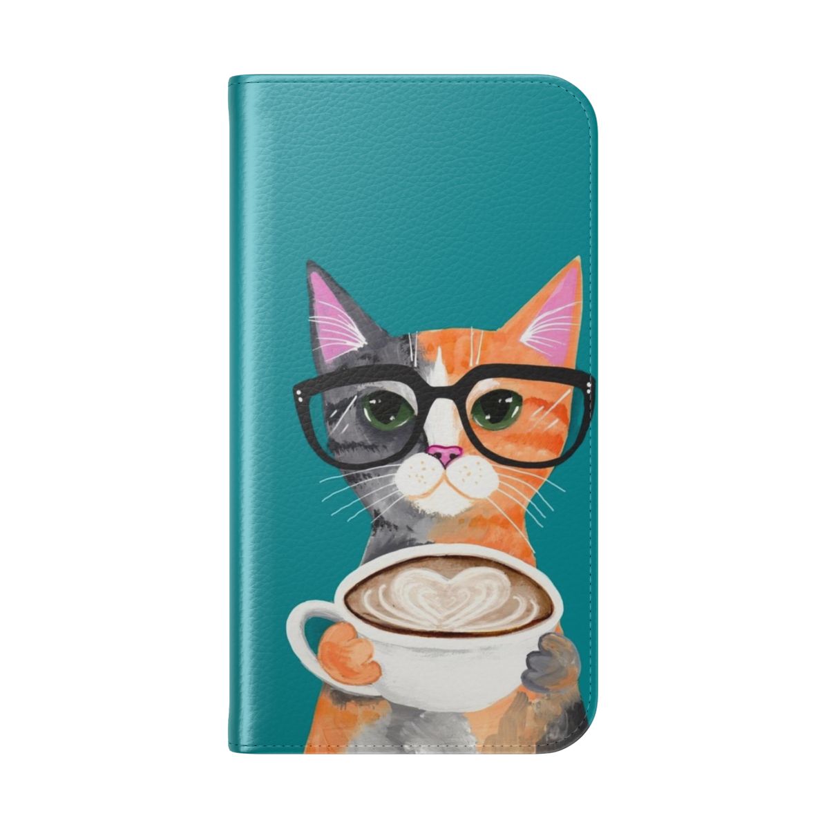 A whimsical flip phone case featuring a calico kitten painted in latte art style. - Folded Back