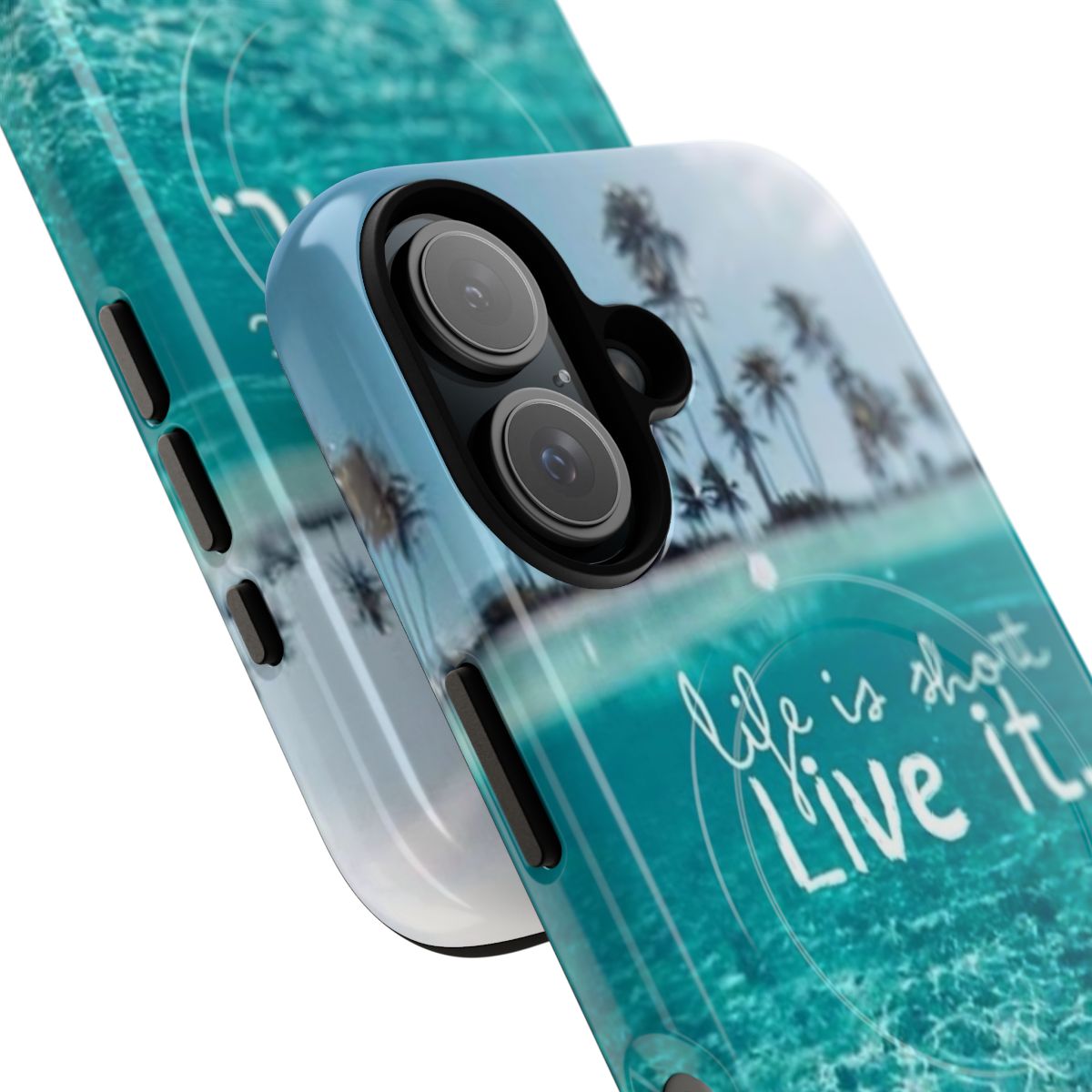 Tropical palm tree phone case with blue, green, and white colors - Detail