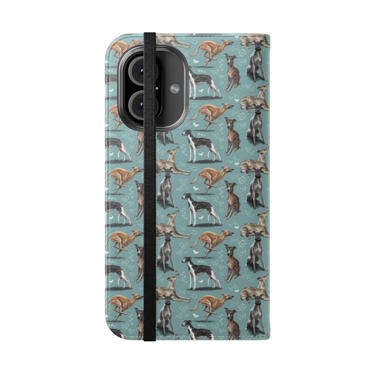 A whippet-printed phone case with a flip cover design. - Folded Front