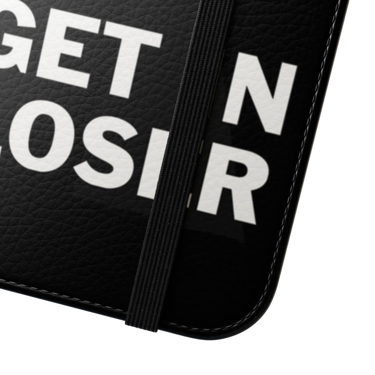 Flip cover phone case featuring a "Get in Loser" design with a flying saucer, aliens, and sci-fi elements. - Close Up