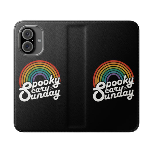 Spooky and retro flip phone case with rainbow and samurai sword design