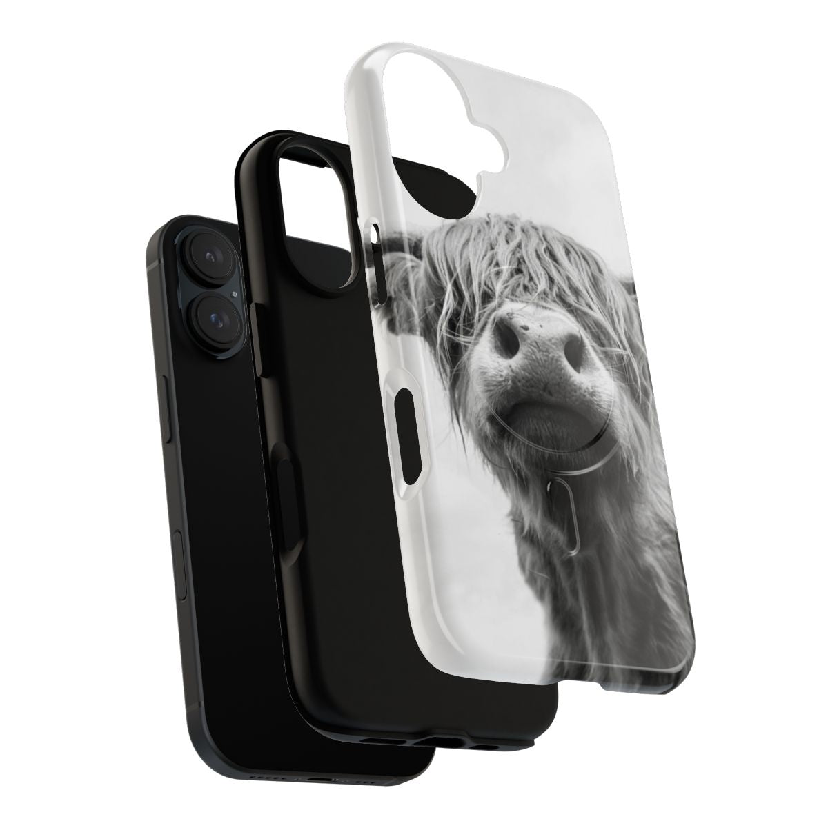 Artistic black and white illustration of a highland cow on a durable and protective phone case - Layers