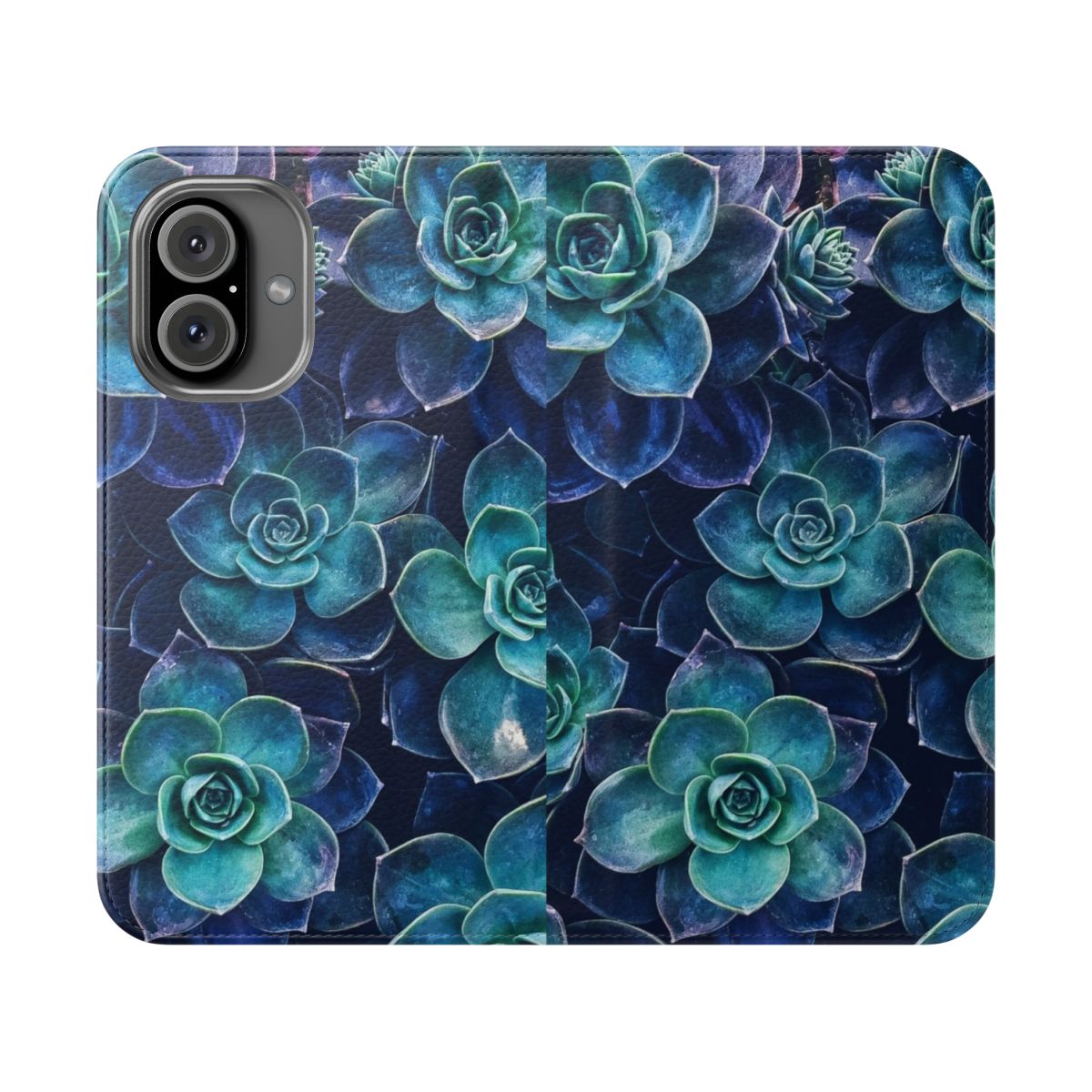 Succulent-patterned phone case in blue, green, and pink shades