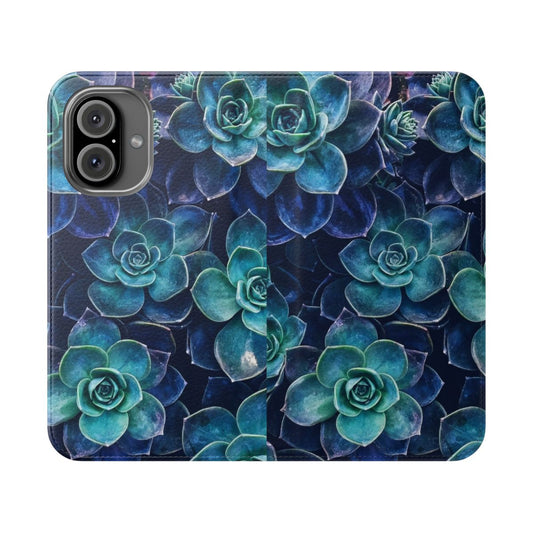 Succulent-patterned phone case in blue, green, and pink shades