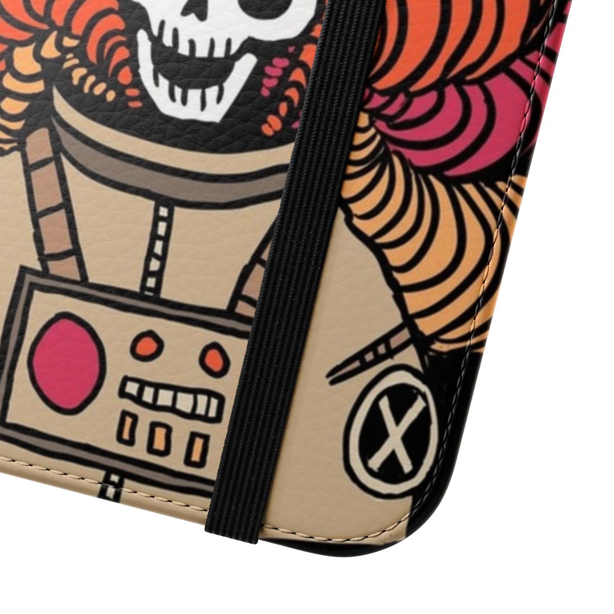 Flip cover phone case with space-inspired astronaut and skeleton graphic design - Close Up