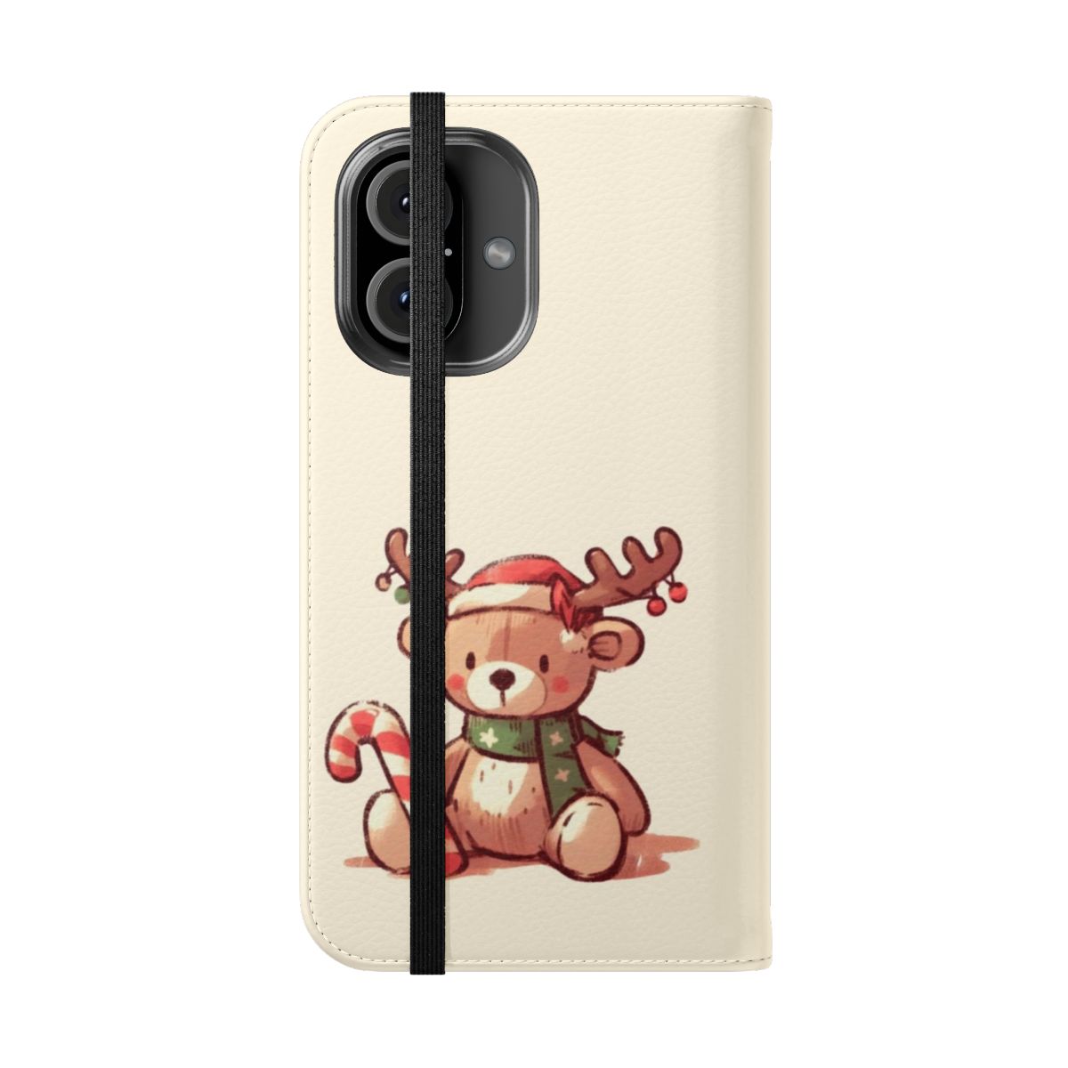 A flip cover phone case featuring a whimsical Christmas reindeer design with a candy cane and scarf. - Folded Front