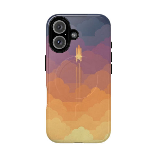 A phone case with an artistic space-themed design featuring clouds, a sunset sky, and a rocket or spaceship.