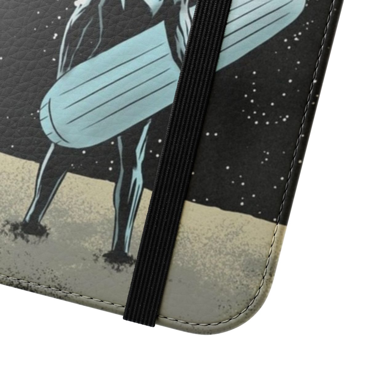 Stylized silver surfer phone case design with cosmic, retro-inspired artwork - Close Up