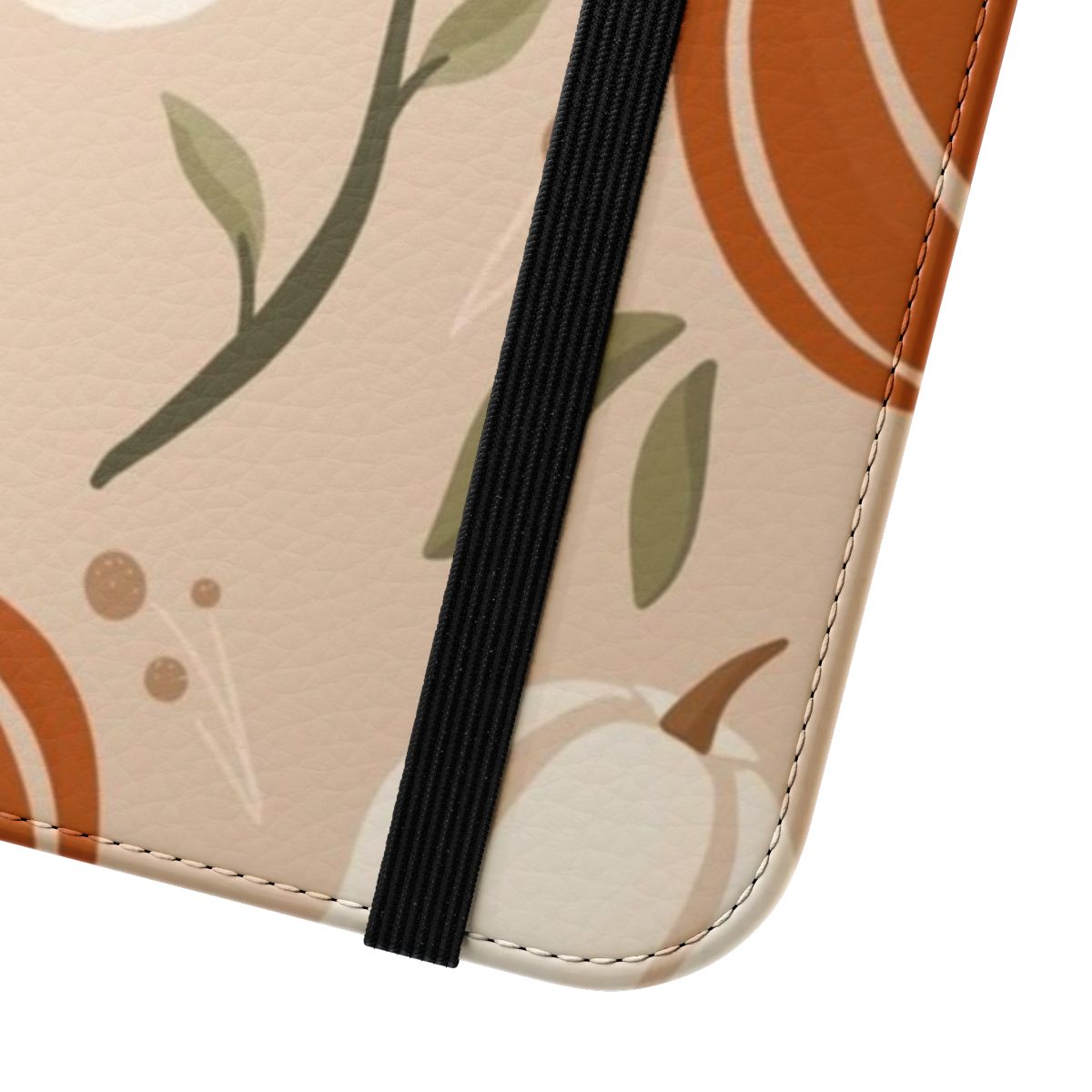 Pumpkin spice-themed phone case with fall leaves design - Close Up