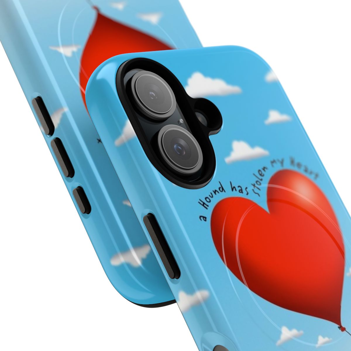 Black hound magnetic tough phone case with a cartoon heart design - Detail