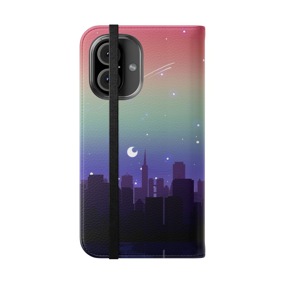 A vibrant phone case cover featuring a pixel art cityscape in pride flag colors against a starry night sky. - Folded Front