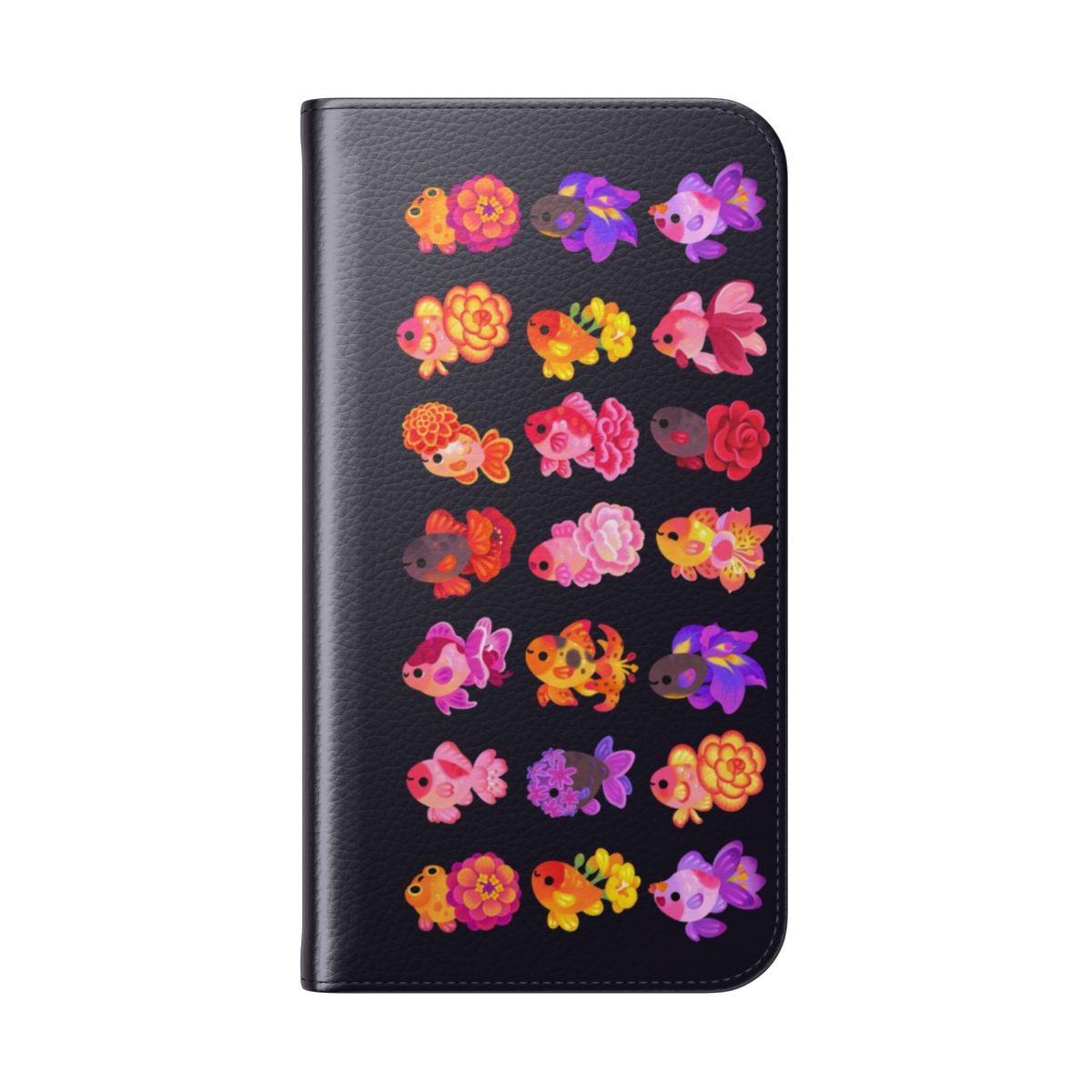 A stylish phone case featuring a vibrant floral and goldfish design. - Folded Back