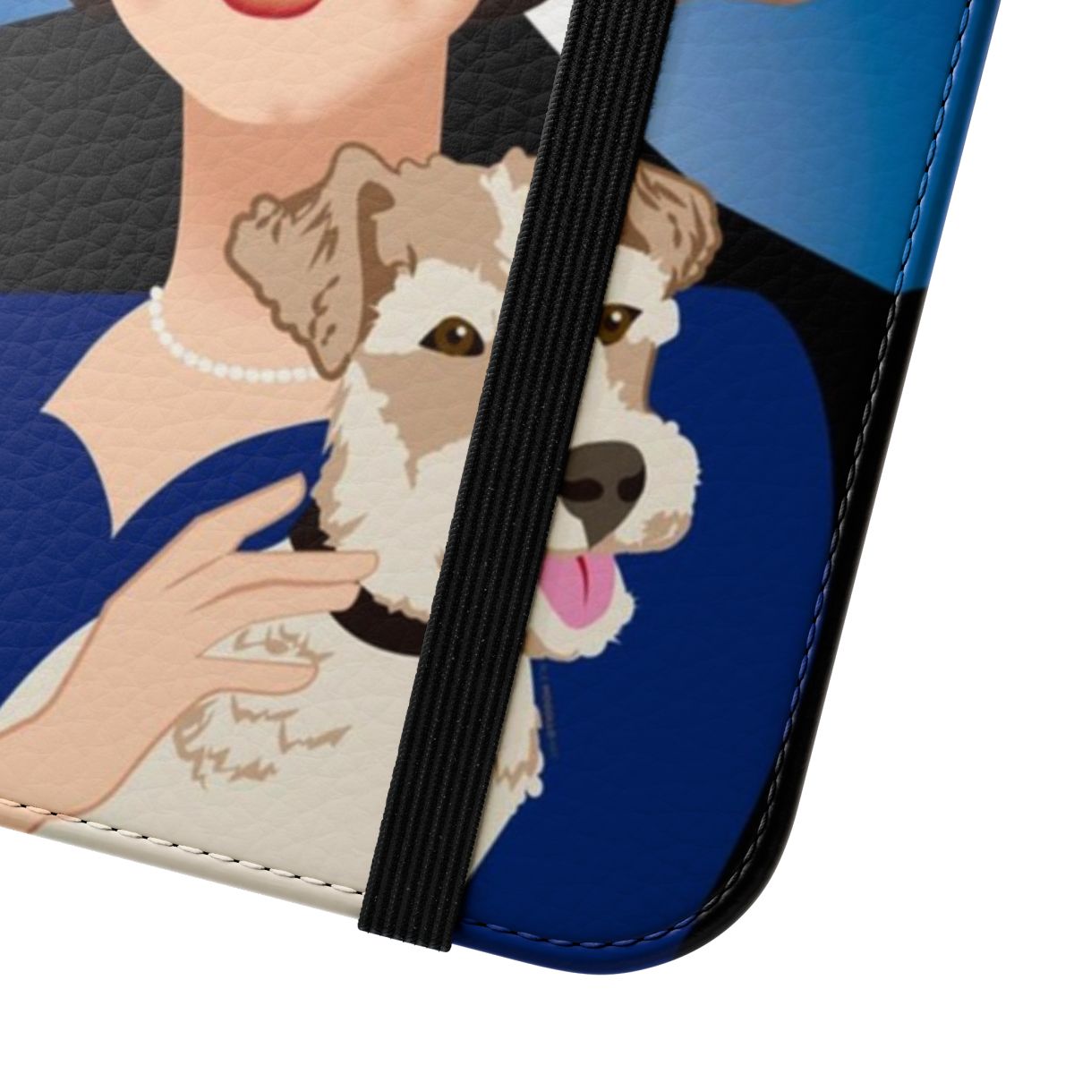 Flip phone case with artwork of a vintage Hollywood detective couple and their fox terrier companion - Close Up