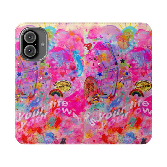 Vibrant and whimsical phone case featuring colorful graphics, text, and a retro-inspired design.