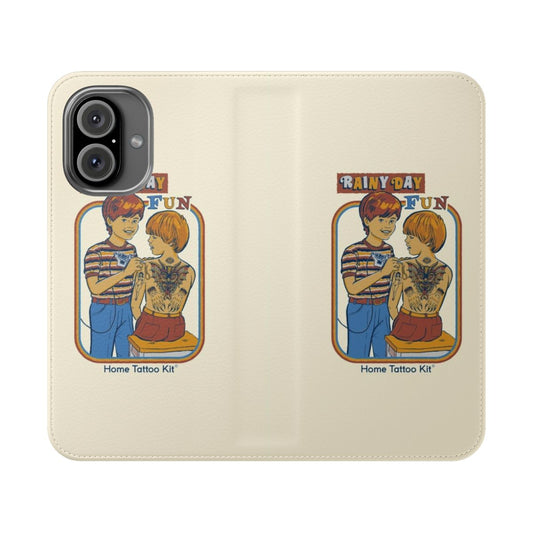 Vintage-inspired flip phone case with a rainy day, retro and dark humor themed design