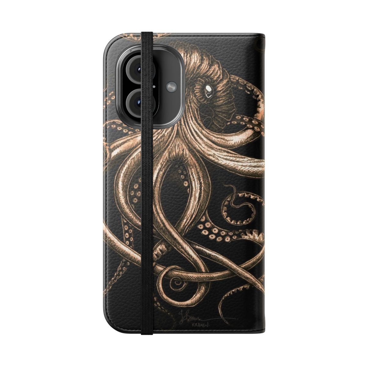 Detailed bronze-colored kraken phone case featuring intricate mollusc design - Folded Front