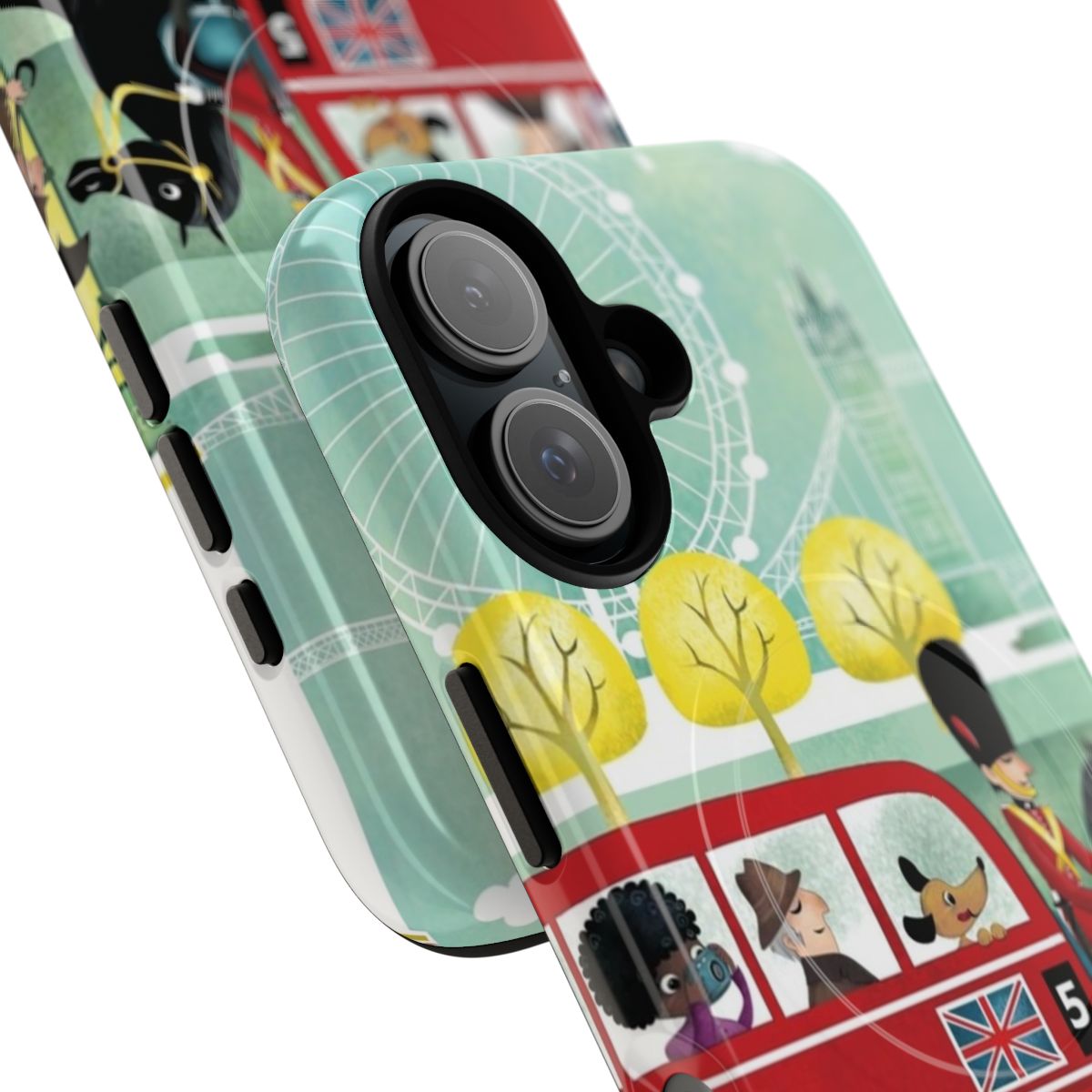 Phone case with Big Ben, London bus, and other London landmarks - Detail