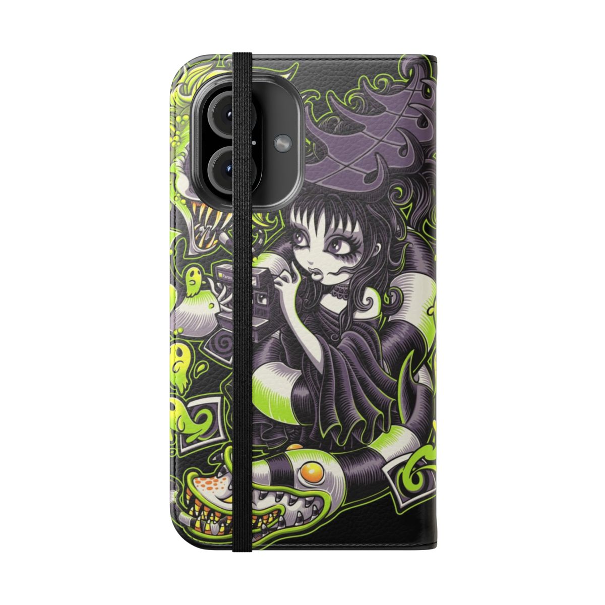 Spooktacular gothic flip cover phone case with Beetlejuice, Lydia, and horror-inspired designs - Folded Front