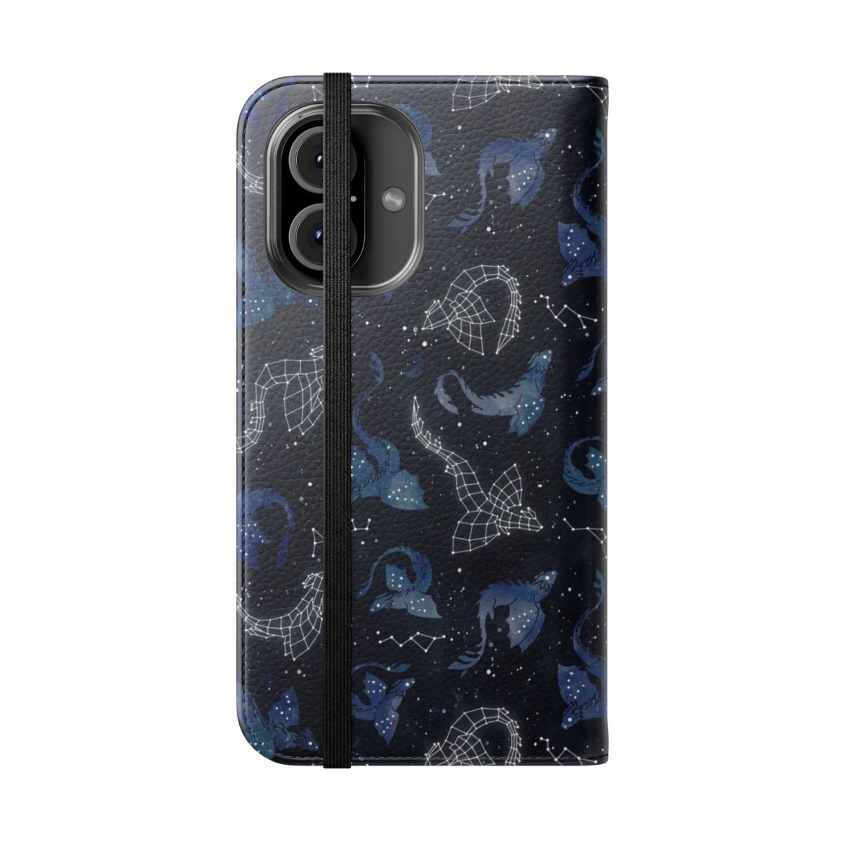 Watercolor illustration of a dragon surrounded by star constellations on a navy blue phone case - Folded Front