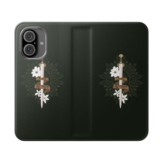 Flip phone case featuring a medieval-inspired "I Am No Man" design, empowering women in the Lord of the Rings fandom.