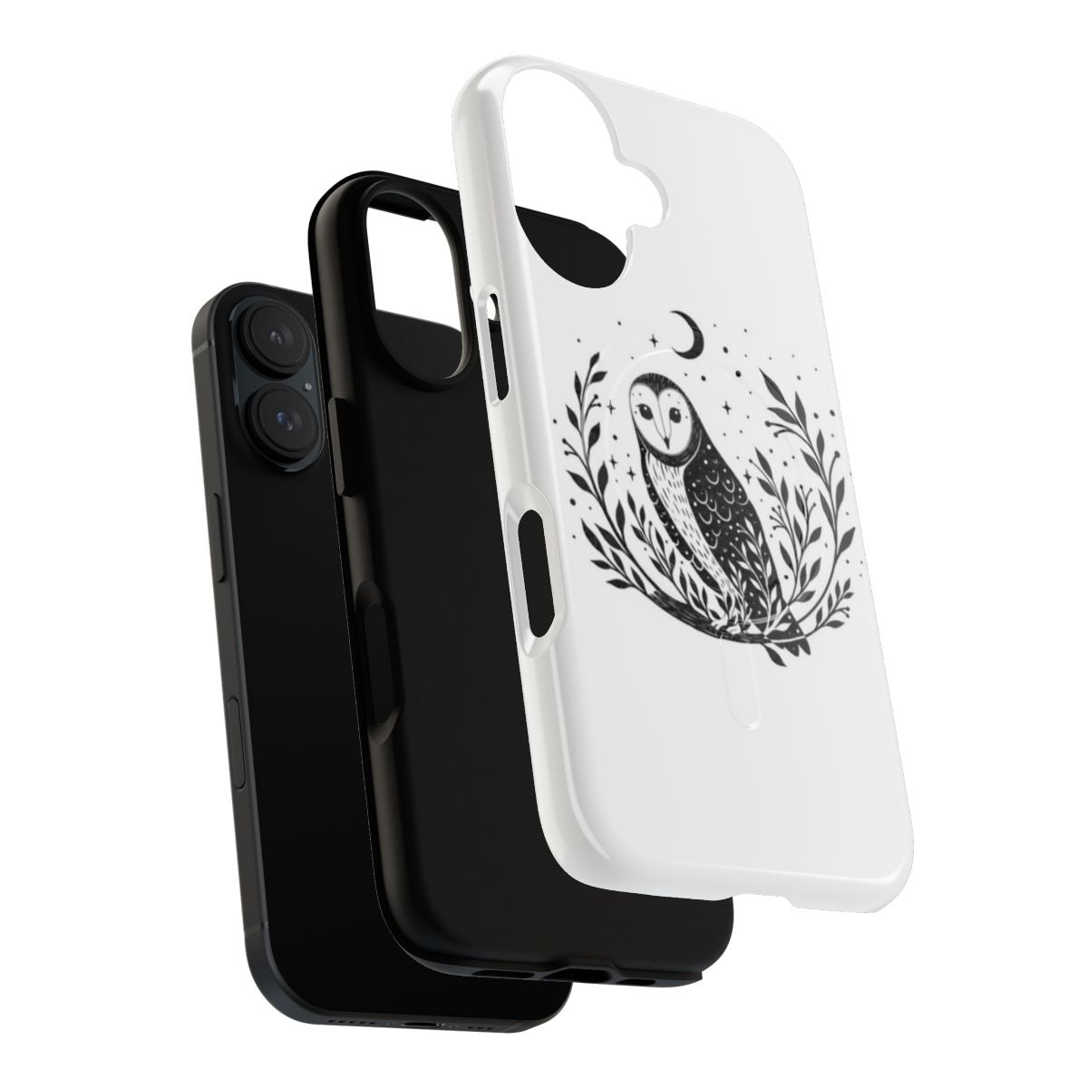 Stylish black and white phone case featuring an enchanting owl design against a moonlit backdrop. - Layers