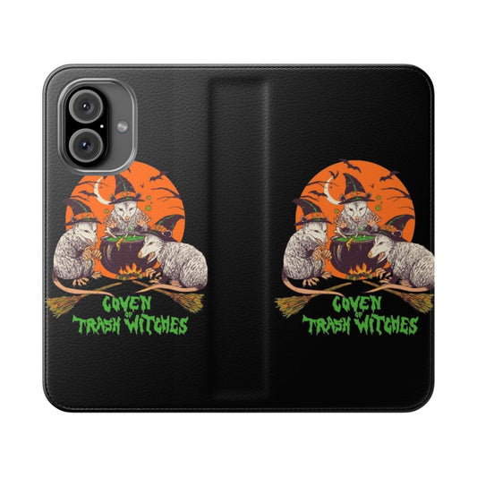 Vintage-inspired flip phone case with a trashy witch and opossum graphic