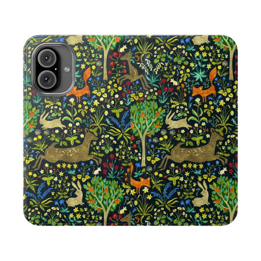 Medieval-themed flip phone case with deer, fox, hare, and other forest animals