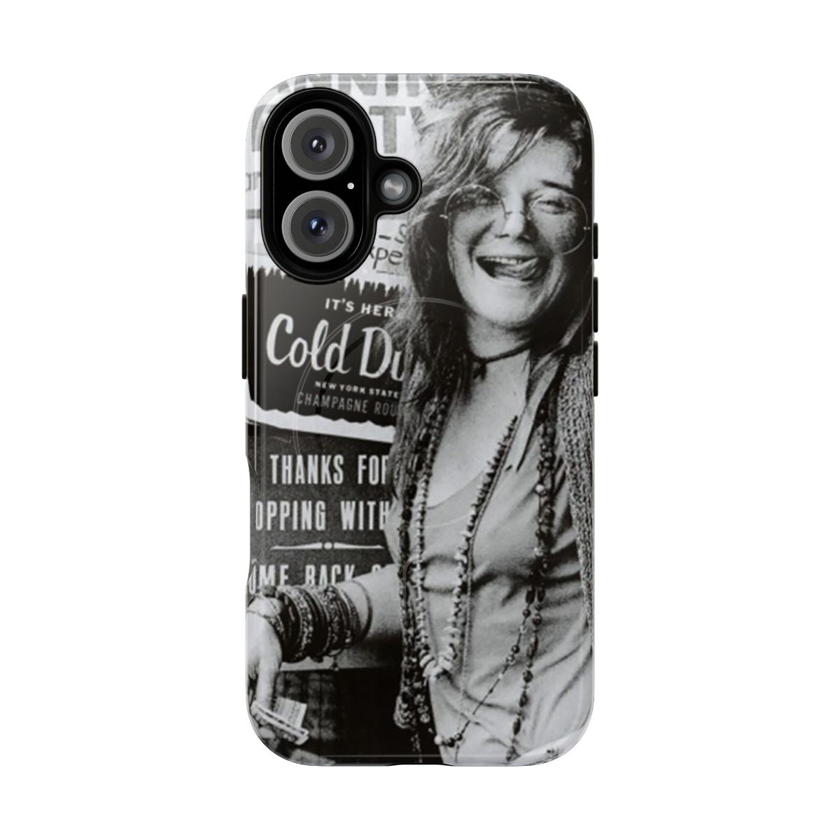 Retro-style phone case featuring a graphic design of music icon Janis Joplin