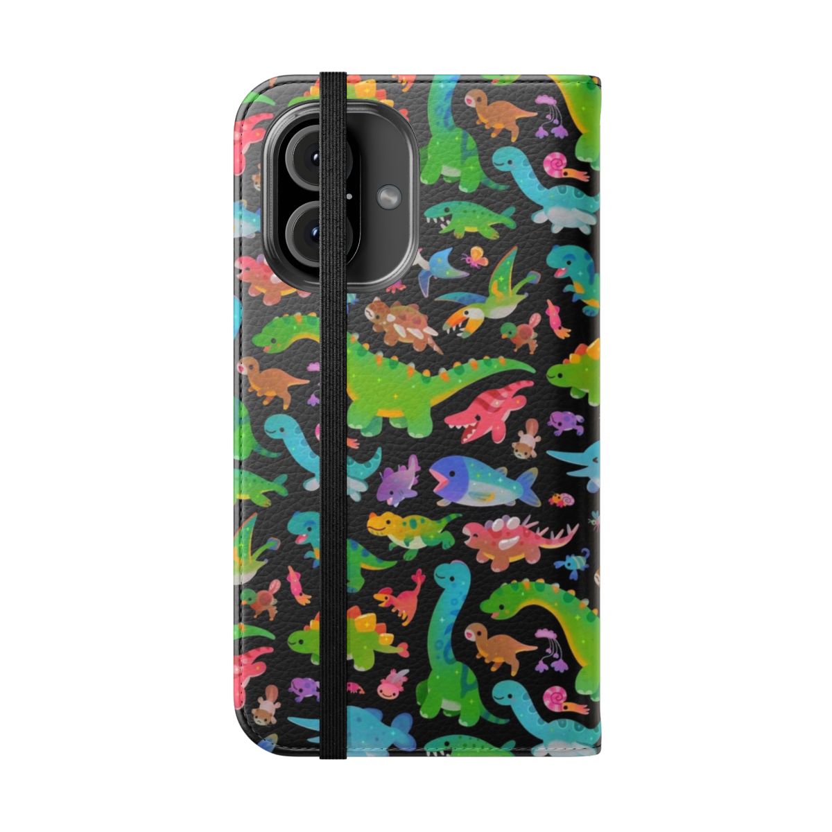 Jurassic dinosaur-themed phone case featuring various prehistoric life such as Allosaurus, Brachiosaurus, and Stegosaurus. - Folded Front