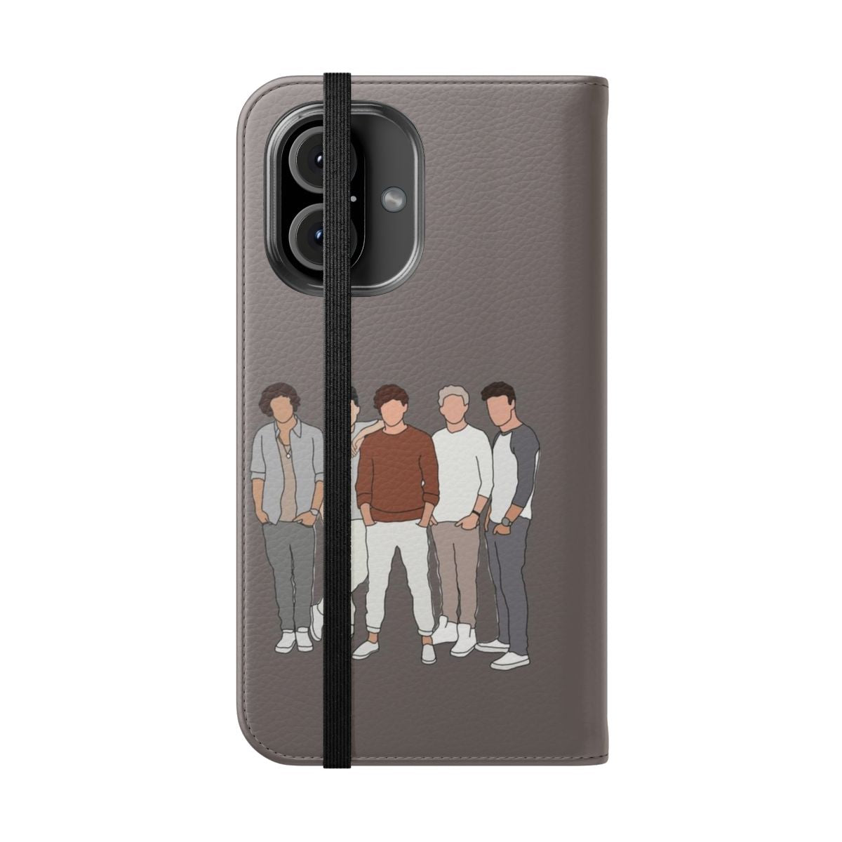 A stylish flip cover phone case featuring the One Direction band logo and design. - Folded Front