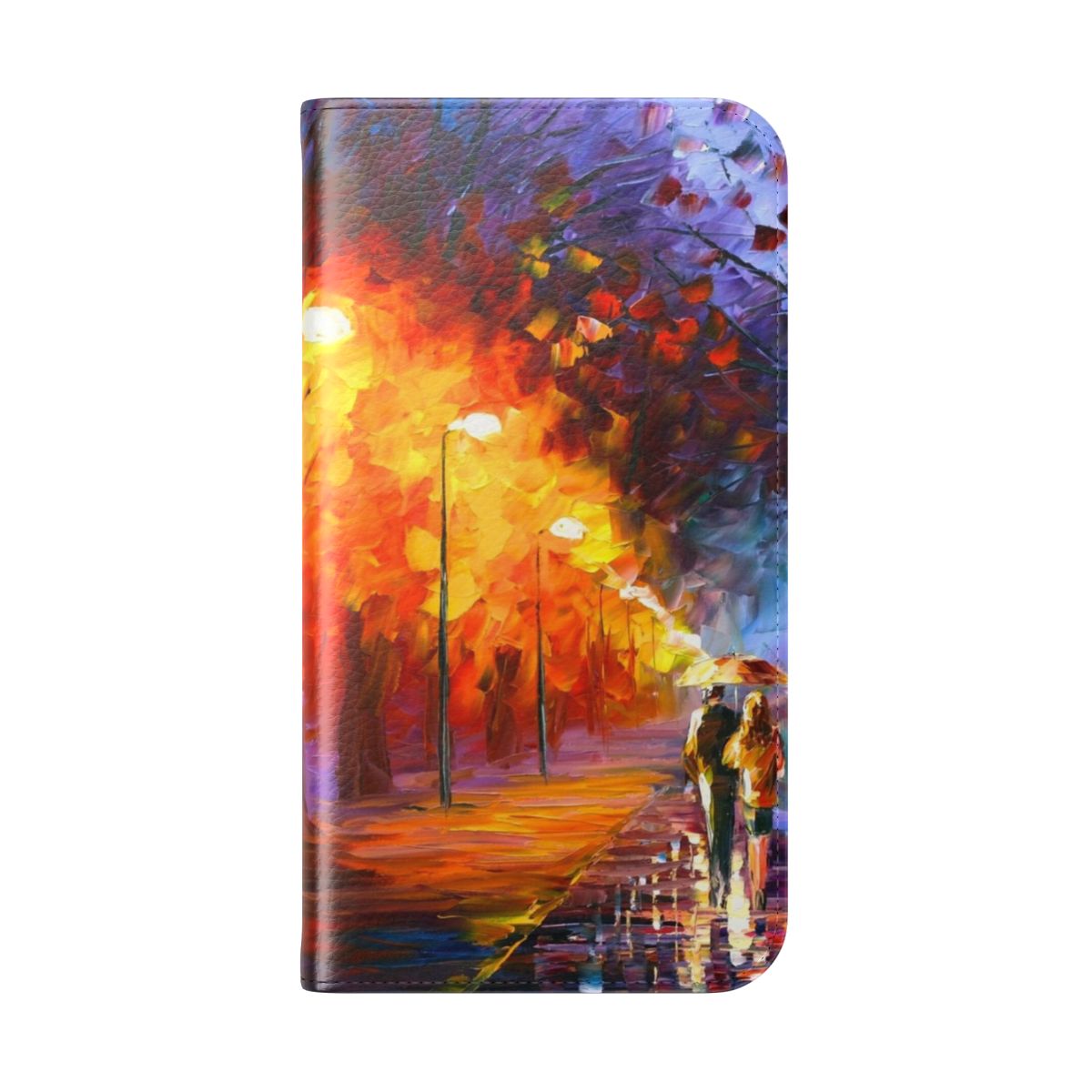 Vibrant landscape phone case with colorful Afremov-style artwork depicting a foggy forest scene - Folded Back