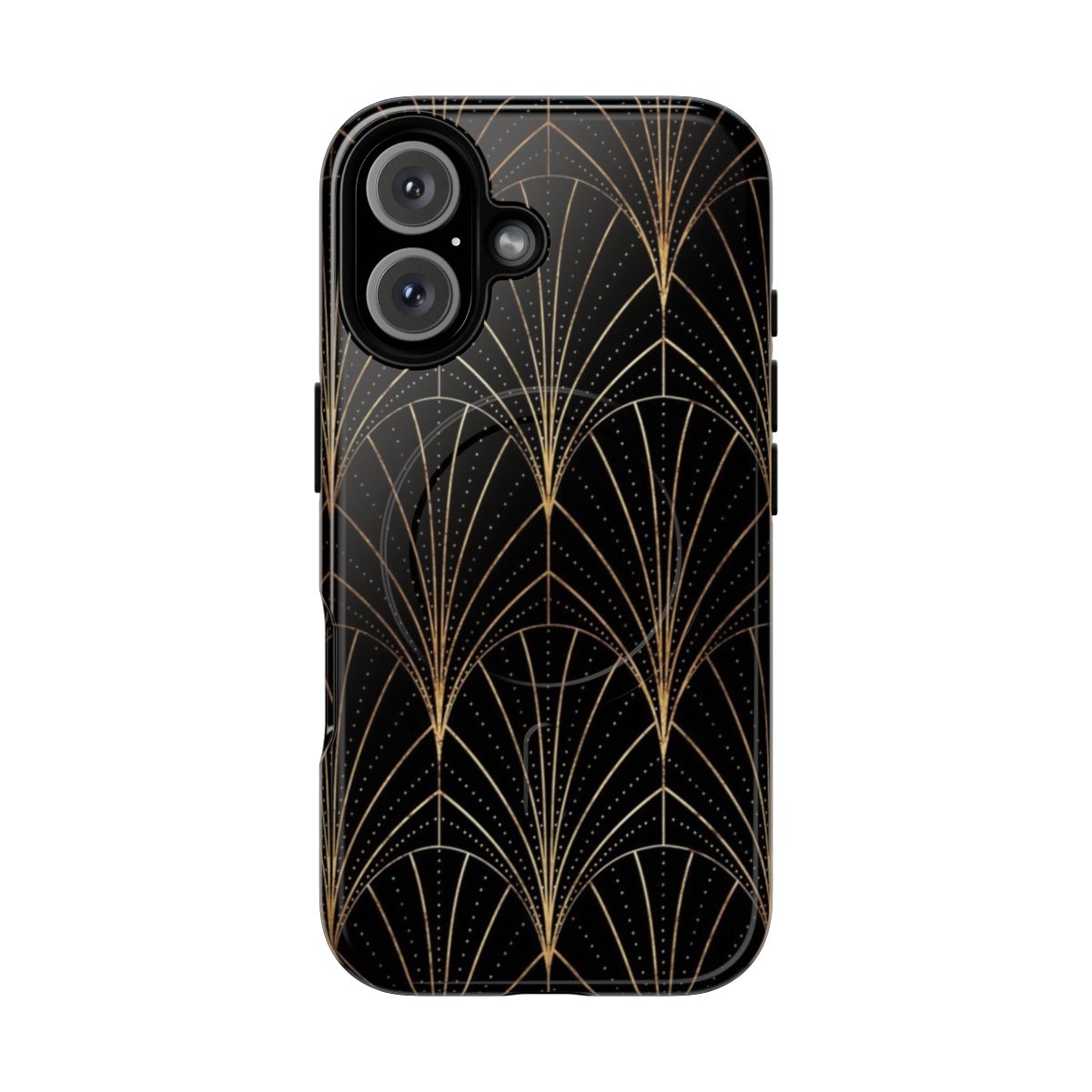 Sleek and stylish phone case with an art deco-inspired waterfall pattern in black and gold