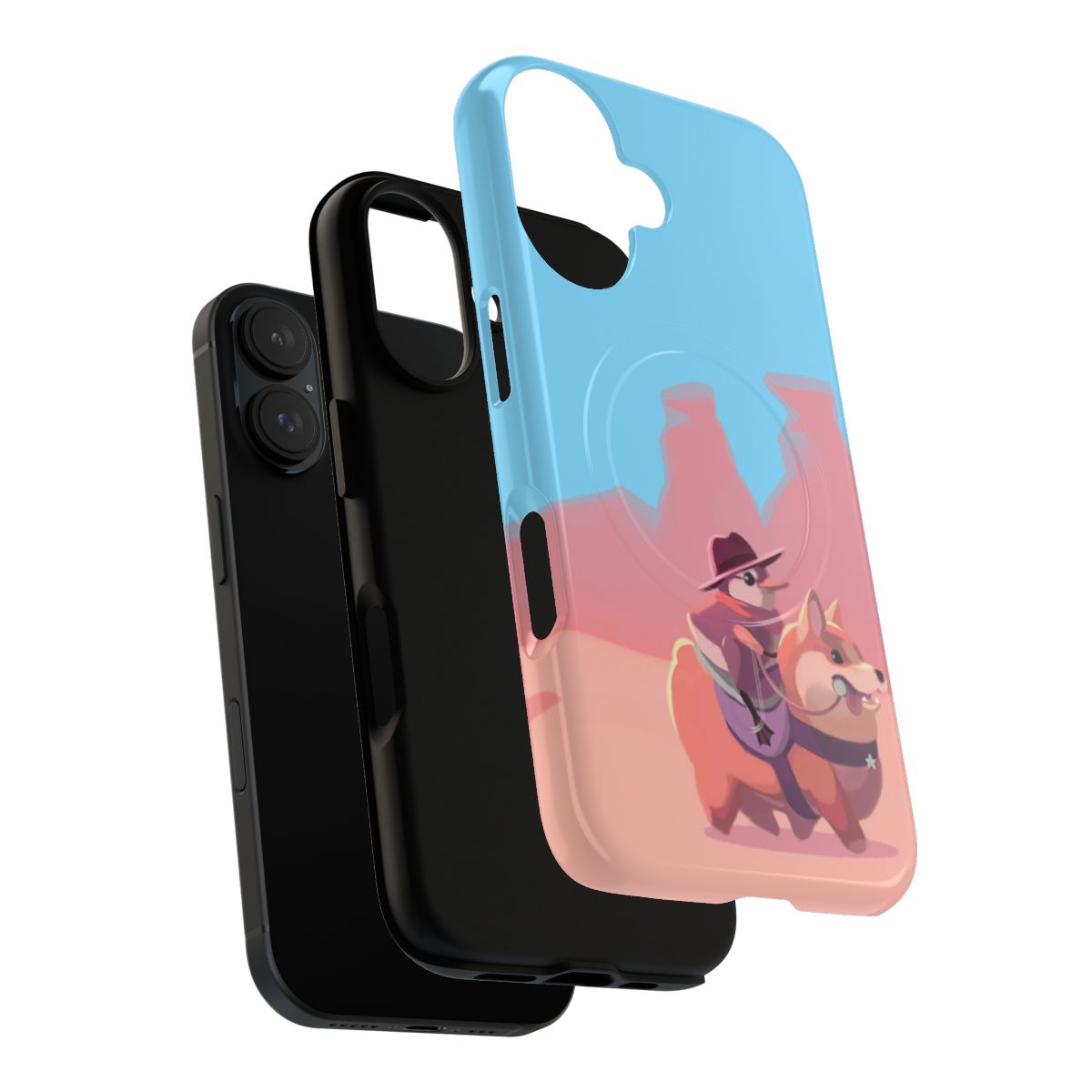 Illustration of a yellow duckling sheriff and a corgi deputy on a magnetic protective phone case - Layers