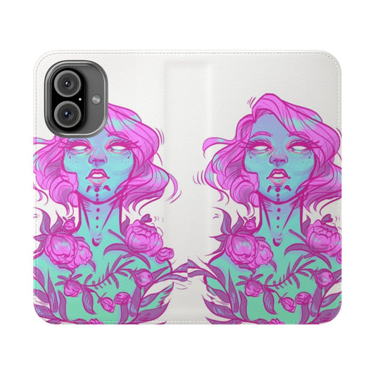 Pastel grunge aesthetic flip phone case with floral and tattoo-inspired design