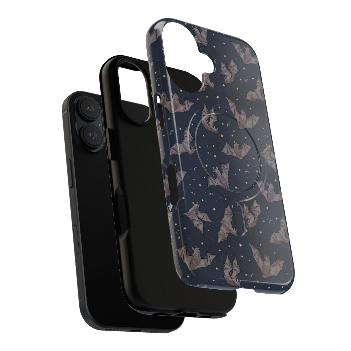 A phone case featuring a pattern of whimsical bats against a starry night sky. - Layers