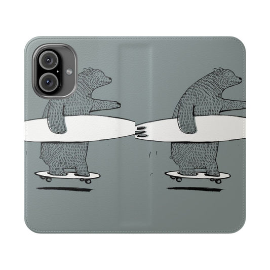 Flip cover phone case with surfing and skateboarding design