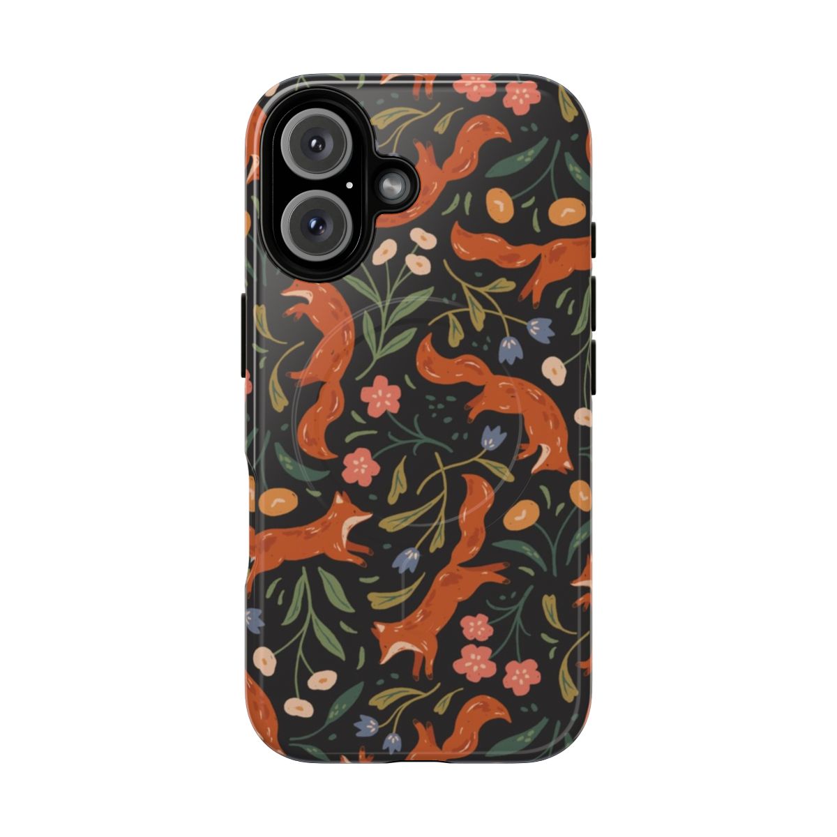 Artistic illustration of a fox frolicking in a field of colorful flowers, displayed on a phone case.