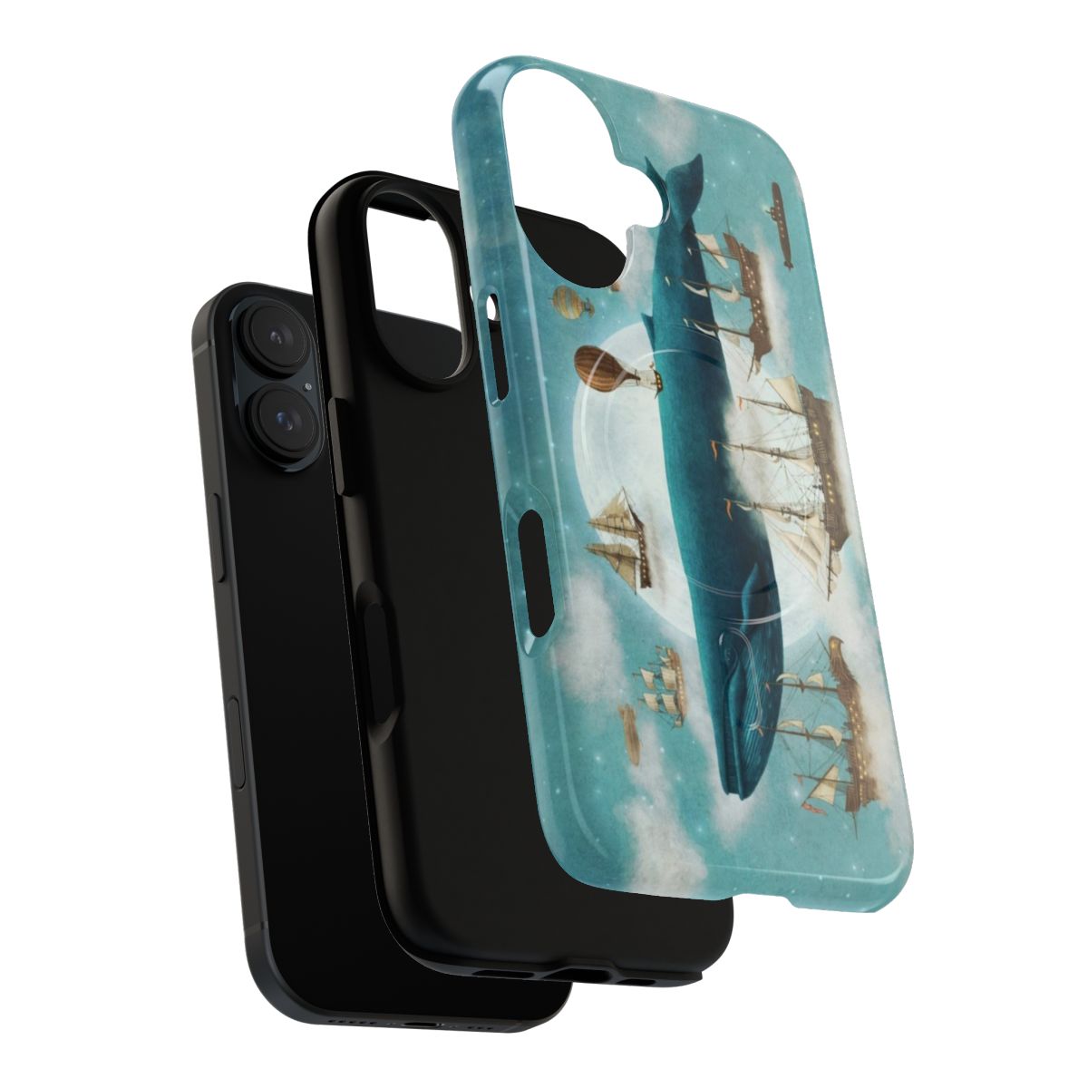 Artistic phone case with a whimsical ocean and sky scene featuring whales and ships - Layers