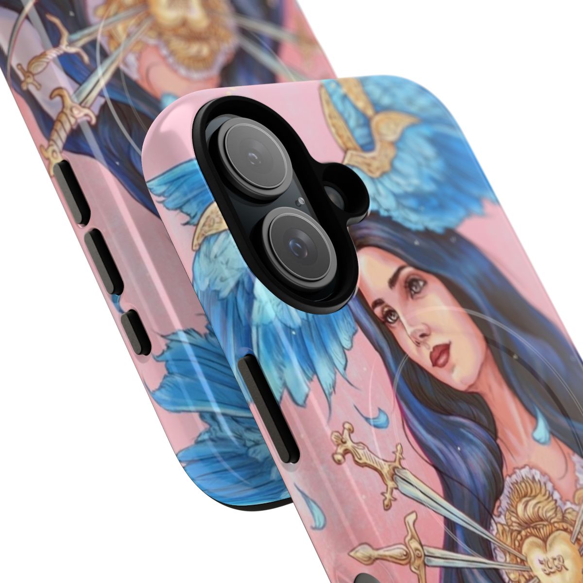 A modern, feminine phone case with an ethereal angelic wings design in pastel colors. - Detail