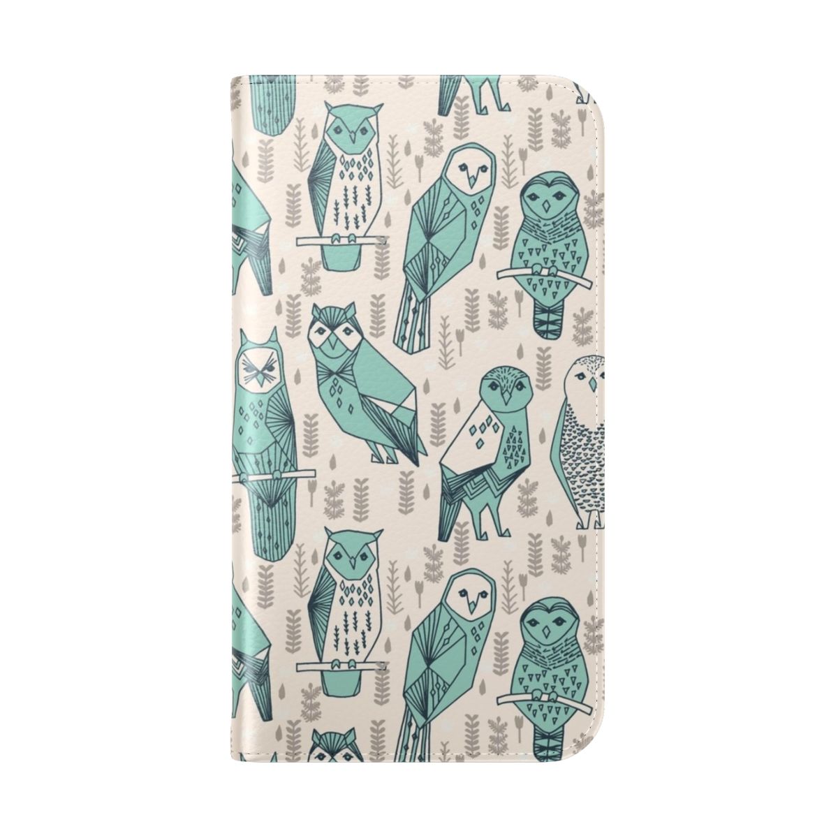 Pale turquoise flip cover phone case featuring an Andrea Lauren design of owls in a nature-inspired pattern - Folded Back