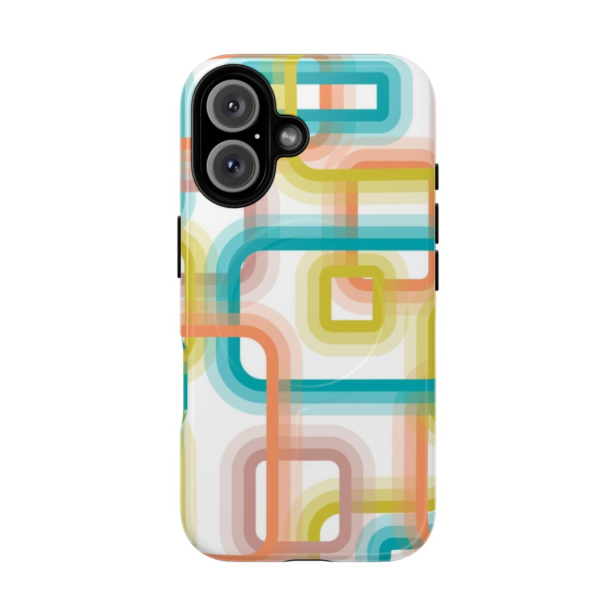 Retro geometric pattern phone case with 1980s-inspired teal, peach, and orange squares