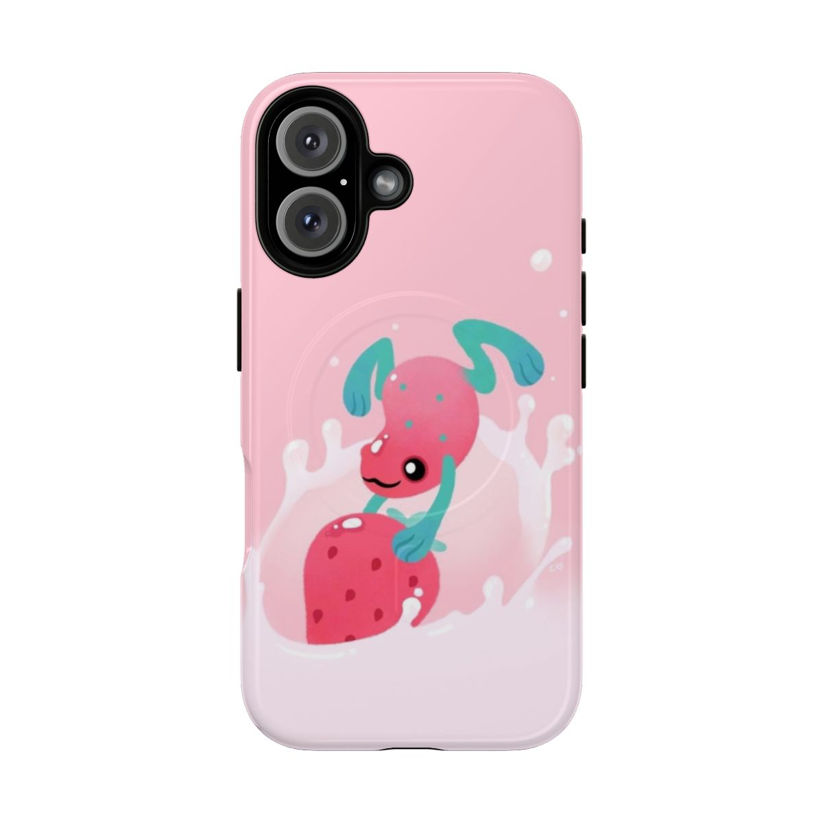 A tropical poison frog phone case featuring a cute strawberry milk design