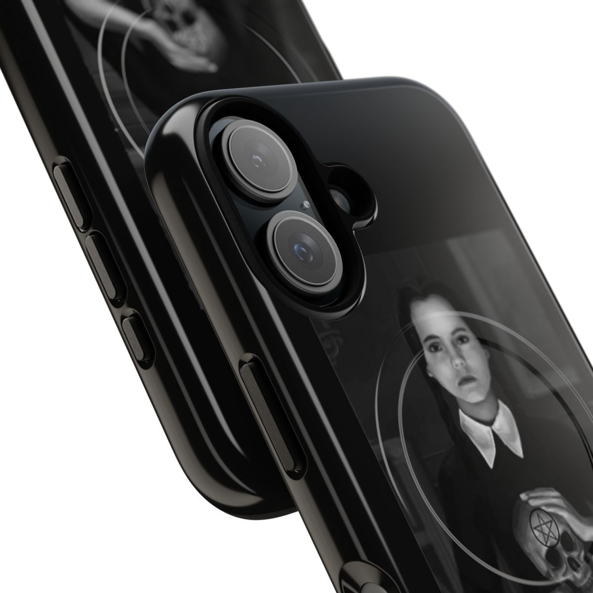 Magnetic phone case featuring a gothic, creepy design inspired by Wednesday Addams from the Addams Family - Detail