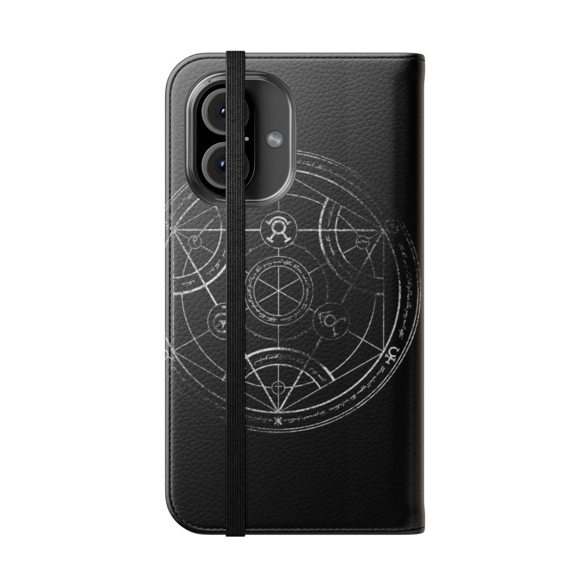 Weathered chalk human transmutation circle design on a mobile phone case. - Folded Front