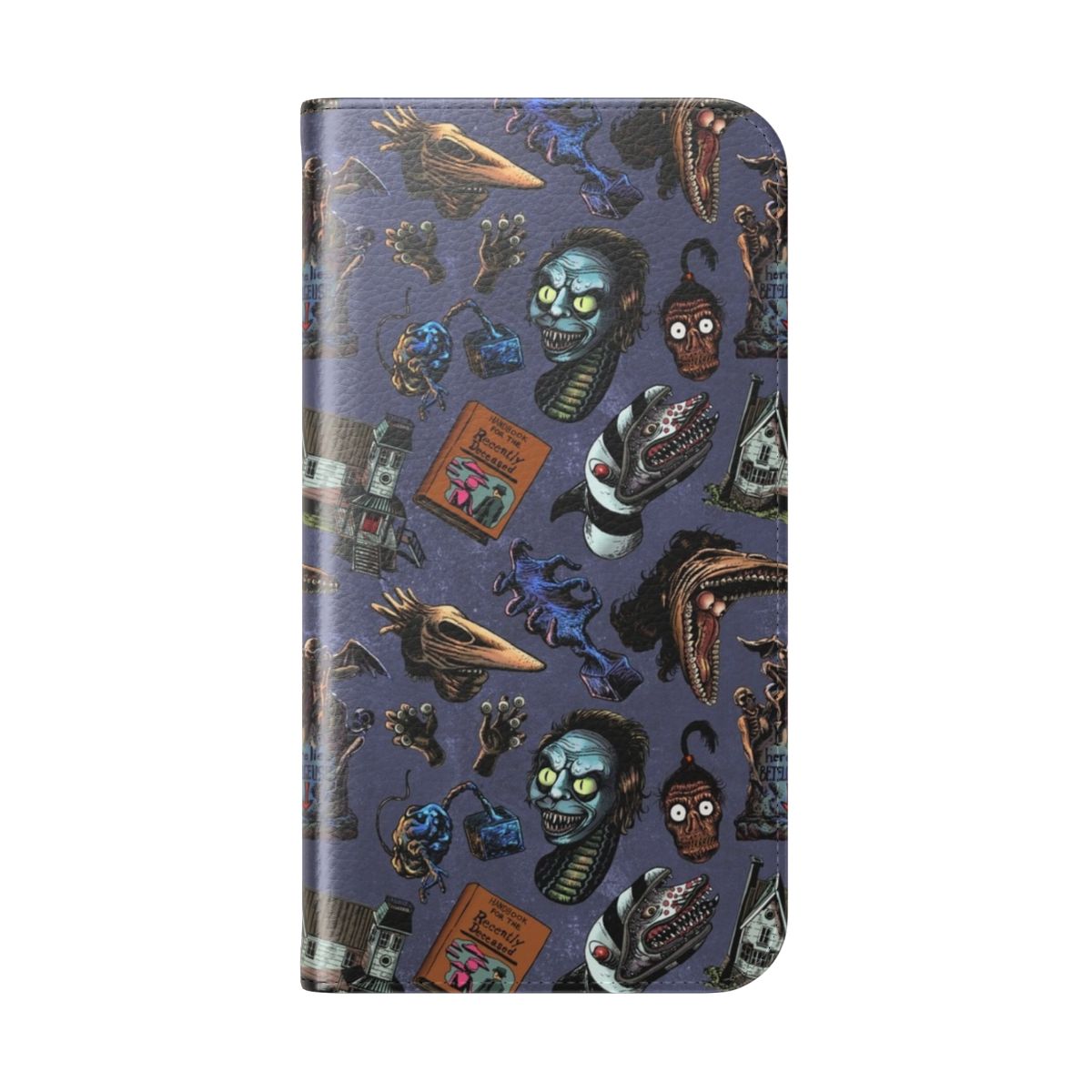 Violet flip cover phone case with a seamless Beetlejuice-inspired pattern - Folded Back