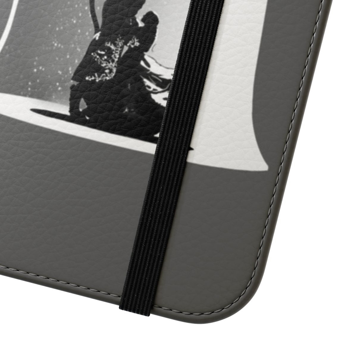 Flip phone case with a black and white digital art design featuring Beauty and the Beast characters dancing under a rose. - Close Up