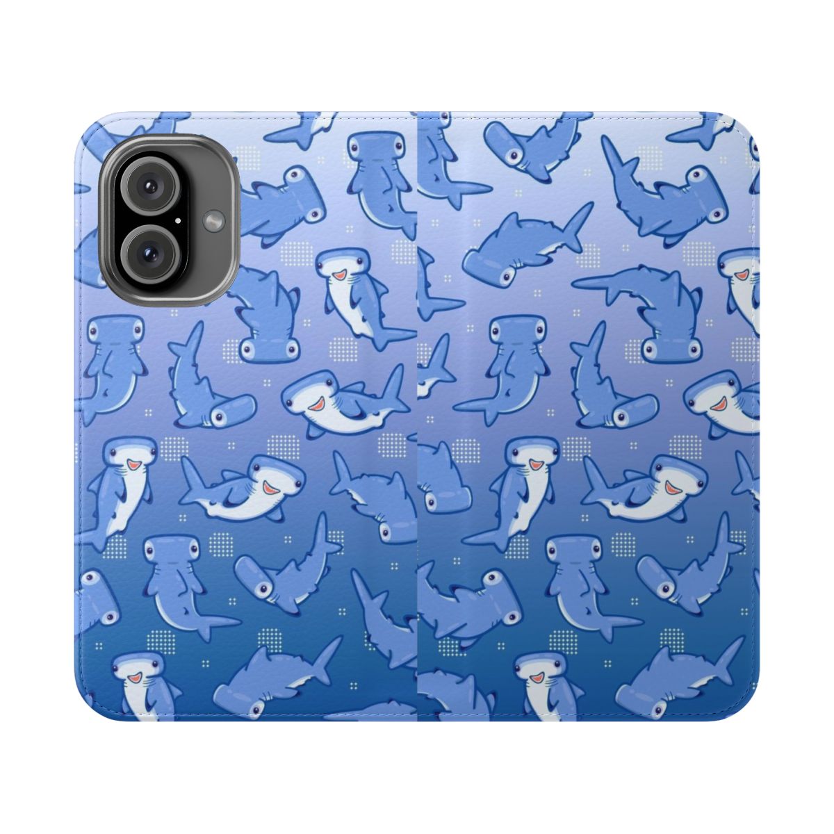 Hammerhead shark phone case with a colorful, patterned design