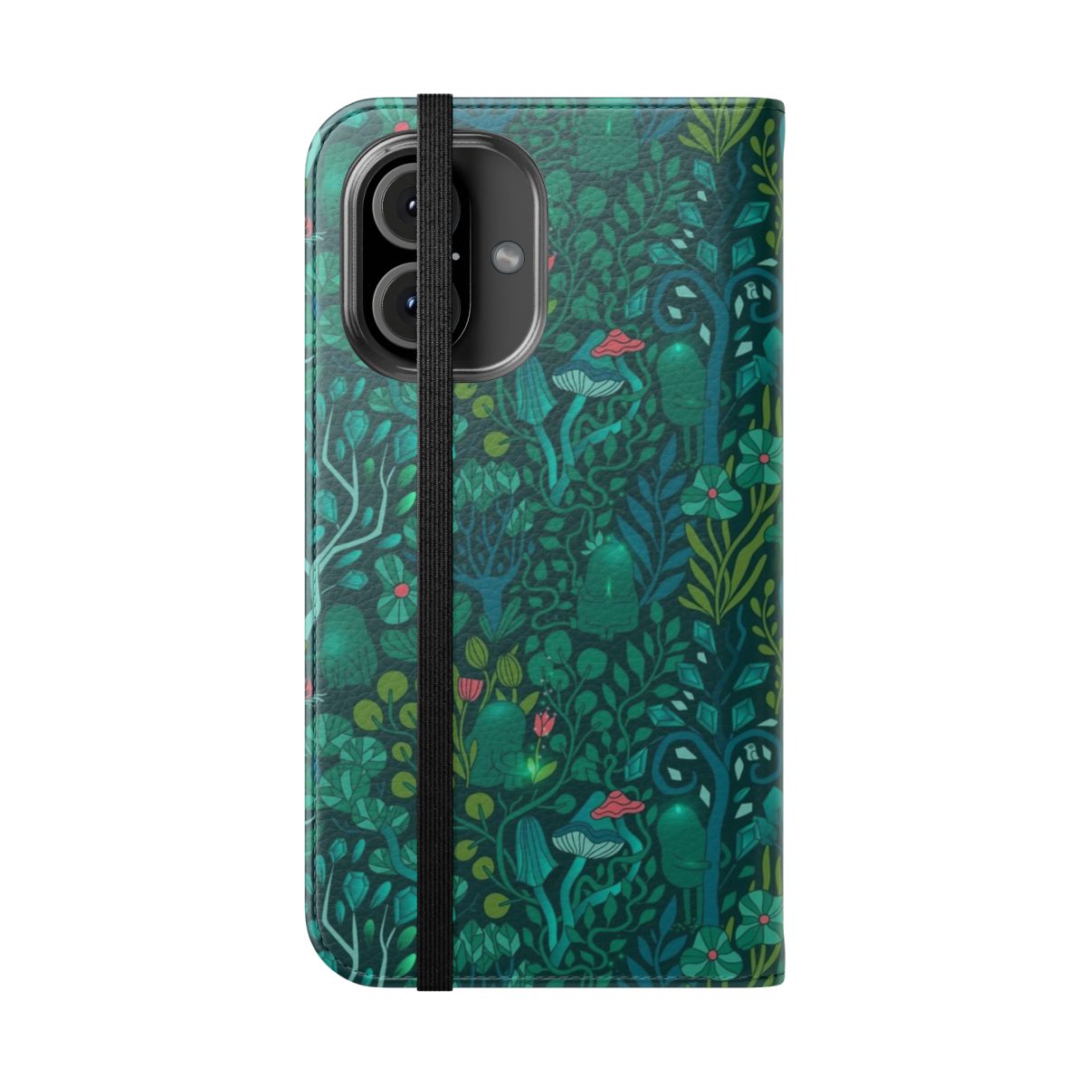 Emerald Forest Botanical Phone Case Cover with Fairy Woodland Creatures and Mushrooms - Folded Front