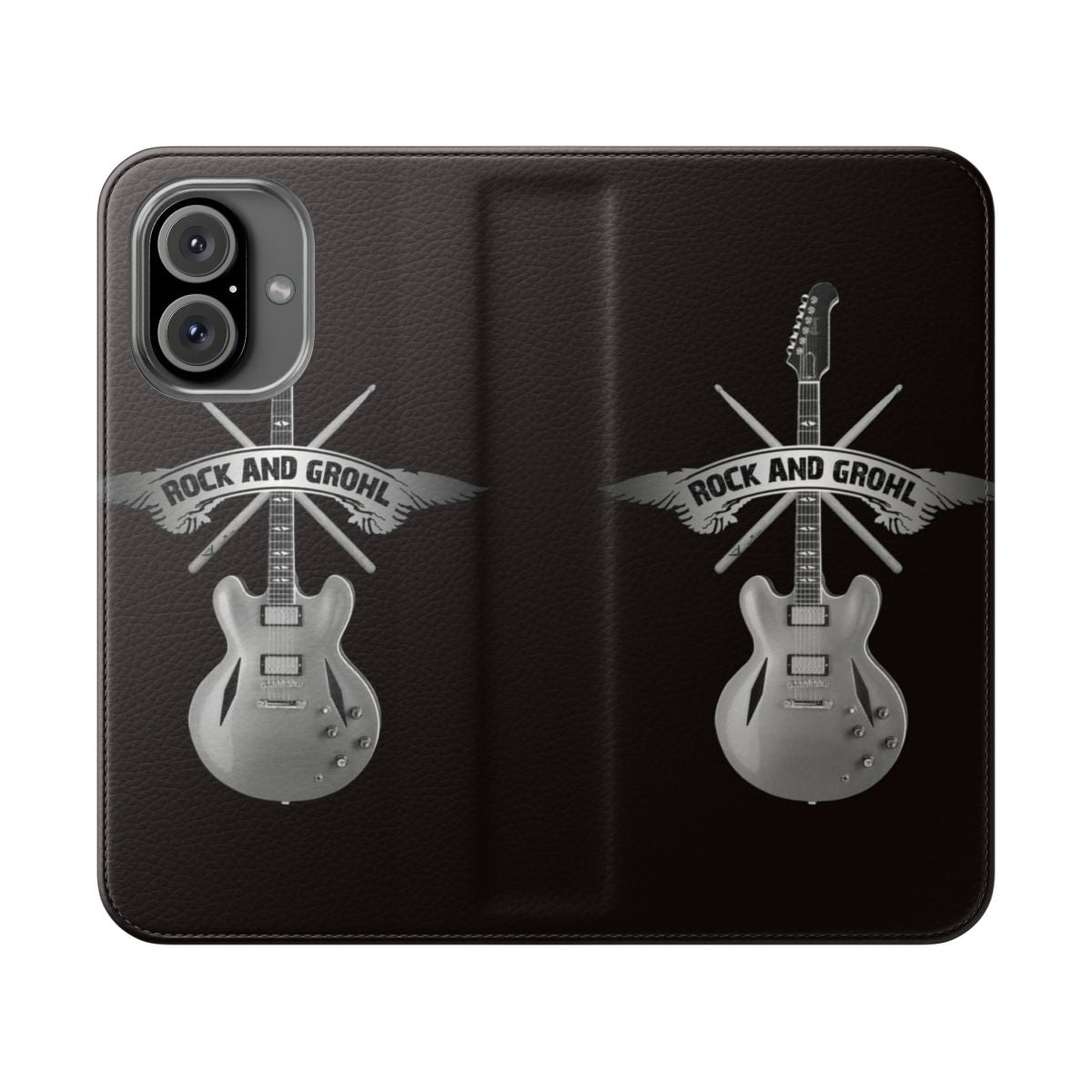 Flip cover phone case with an original design featuring drums and a guitar, perfect for rock music fans.